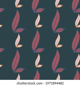 Pink contoured simple foliage seamless hand drawn pattern. Dark turquoise background. Decorative backdrop for fabric design, textile print, wrapping, cover. Vector illustration.