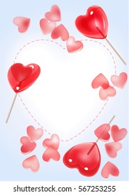 Pink conversation candy and red lollipops hearts decorative frame. Vector illustration for greeting card Valentine's day or wedding, poster or leaflet.