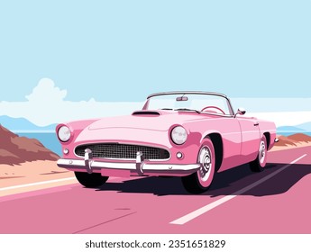Pink convertible car for doll on pink background isolated