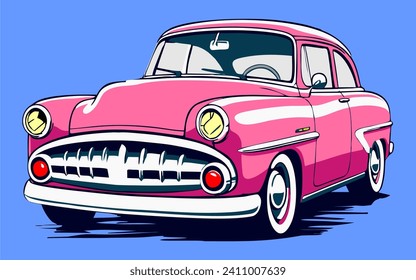 Coche convertible rosa para muñeca sobre fondo blanco aislado, ilustración vectorial estilo caricatura del coche rosa vintage.