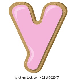 Pink cookie in shape of letter Y isolated on white background.