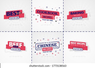 Pink cooking book set for food and recipe magazines. Restaurant menu titles or badges for food stores and restaurants. Minimalist design for recipe banners