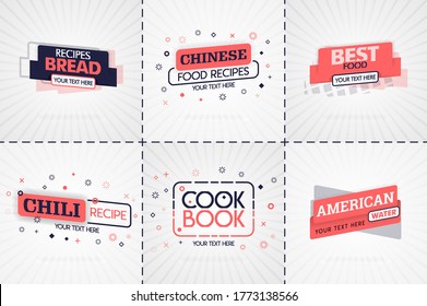 Pink cooking book set for food and recipe magazines. Restaurant menu titles or badges for food stores and restaurants. Minimalist design for recipe banners