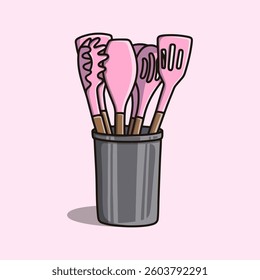 Pink Cooking Utensil Set in a Holder