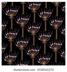 pink and copper dandelion pattern on black background