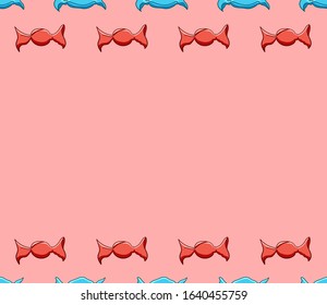 Pink copy space with round candies in red and blue wrapper. Vector.