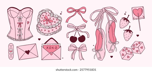 Pink Coquette mão desenhada vetor trendy set. Elegante clipart vintage. Elementos Y2k. Cereja, arcos, bolo, pirulito, coração, carta de amor, envelope, sapatos de ponta, morangos, espartilho, dados