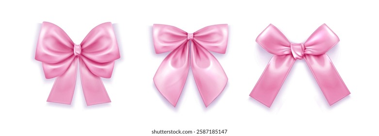 Pink coquette bow collection - silky tied ribbons with glossy sheen and soft shadow. Decorative elements for romantic design, gift wrapping or baby shower decoration. Different shapes of satin knots.