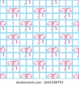Pink Coquette Bow Seamless Pattern. Blue Grid background. Perfect for Prints, Wrapping Paper, Wallpaper, Textiles, Stationery, and Fabric.