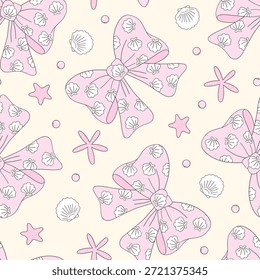 Pink Coquette Bow and Seashell Seamless Pattern with Starfish and Pearls for Feminine Summer Textile and Cute Decorative Background