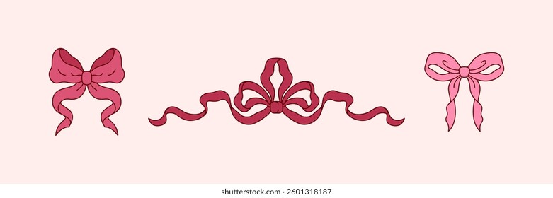 Pink Coquette Bow Set. Vector Trendy Ribbons Illustration. Bowknot for Print, Postcard, Valentines Cards, Menu, Wedding Invitations, Poster, Branding, Patterns and Logo.