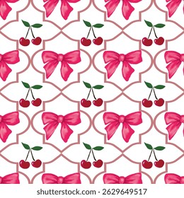 Arcos de coqueta rosa y racimos de pequeñas cerezas rojas con hojas verdes, patrón sin fisuras. Los diseños de arco y cereza están espaciados uniformemente, para envolver papel o tela, libro de recuerdos
