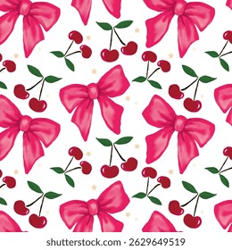 Arcos de coqueta rosa y racimos de pequeñas cerezas rojas con hojas verdes, patrón sin fisuras. Los diseños de arco y cereza están espaciados uniformemente, para envolver papel o tela, libro de recuerdos
