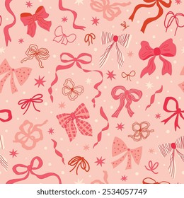 Lazos y cintas de coqueta rosa sin patrón. Vector Fondo de pantalla preppy con nudos de arco, estrellas, lunares. Fondo de repetición romántica para el día de San Valentín, cumpleaños de las niñas, impresión linda, diseño textil.