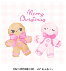 Pink Coquette Christmas Gingerbread man and girl Pastel watercolor hand painting