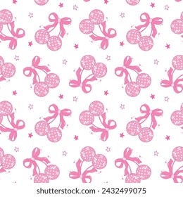 Pink Coquette Disco ball cherries pattern seamless groovy doodle outline isolated on white background.	
