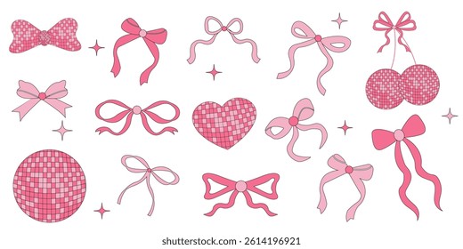 Pink coquette disco elements and ribbon bow. Cute aesthetic Party decor