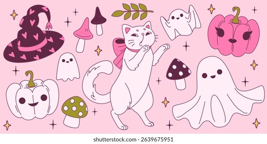 Pink coquette Halloween collection - witch hat with hearts, colorful mushrooms, autumn leaf branch, white cat wearing bow, cute ghosts, pumpkin jack o lanterns with faces, stars scattered around.