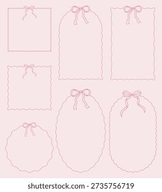 Pink Coquette Ribbon Border Set - Hand-Drawn Scalloped Frames and Decorative Bows for Wedding Stationery, Labels, and Scrapbooking