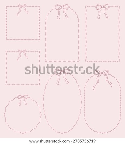 Pink Coquette Ribbon Border Set - Hand-Drawn Scalloped Frames and Decorative Bows for Wedding Stationery, Labels, and Scrapbooking