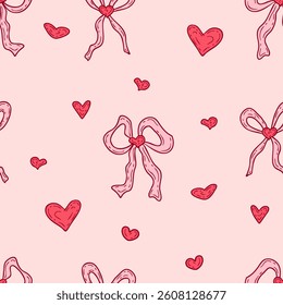 Pink coquette ribbon bows and hearts seamless pattern. Romantic doodle print for fabric, paper, textile. Hand drawn vector illustration.