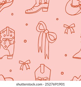 Pink coquette seamless pattern with cowgirl boots, bows, cowboy hat. Whimsical Wild West fashion style vector design invitation, wrapping paper, packaging etc. Cute girly coquette wallpaper background