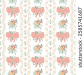Pink coquette seamless pattern with floral bow knots, cute flowers, leaves, vertical stripes. Summer grand millennial print cottage core design. Vector repeat background, wallpaper, retro textile