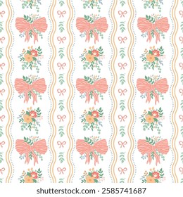 Pink coquette seamless pattern with floral bow knots, cute flowers, leaves, vertical stripes. Summer grand millennial print cottage core design. Vector repeat background, wallpaper, retro textile