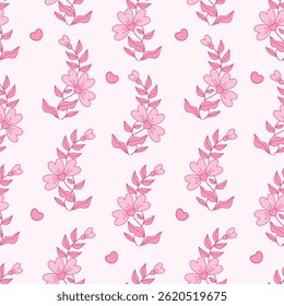 Coquette rosa padrão sem emenda com flor e folhas em fundo suave. Romântico Girly Vibe. Modelo de fundo estético padrão floral. Ilustração vetorial