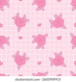 Pink Coquette seamless pattern Pink Rose on checkered background with hearts. Romantic Girly Vibe. Trendy aesthetic Floral patterned backdrop template. Vector illustration