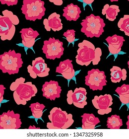 Pink, coral and black seamless vector pattern with elements of flowers. Perfect for fabric, gift wrap, wall paper, invitations, scrapbooking, quilting, home decor and projects.