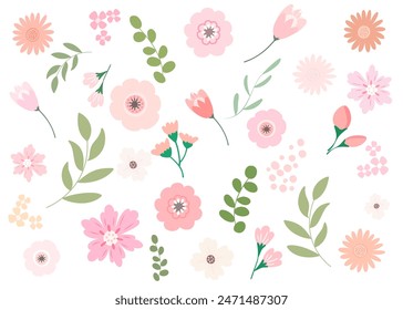 Pink and coral color flower clipart set. Flat design vector illustration.