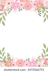 Pink and coral color flowers frame background. Vector illustration with blank.