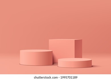 Pink coral geometric pedestal podium. Pink minimal wall scene. A modern platform for the showcase. Pastel color abstract room. Vector rendering 3d geometric shape for product display presentation.