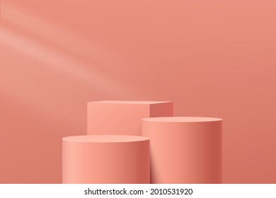 Pink coral geometric pedestal podium with pink minimal wall scene. Modern platform for the showcase. pastel color abstract room. Vector rendering 3d geometric shape for product display presentation.