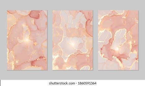 Pink, coral, and gold marble abstract backgrounds. Set of alcohol ink technique vector stone textures. Modern paint with glitter. Template for banner, poster design. Fluid art painting