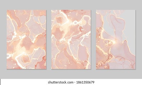 Pink, coral and gold marble abstract background set. Alcohol ink technique vector stone textures. Modern paint with glitter. Template for banner, poster design. Fluid art painting