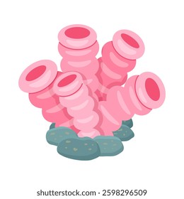 Pink coral illustration with blue rocks. Underwater sea life graphic. Ideal for marine biology, ocean themes, or aquarium designs. 