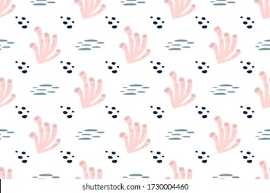 Pink coral pattern Seamless sea background. Cute summer ocean vector print. Delicate red, white, blue pattern.