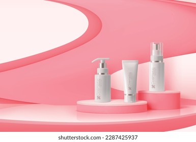 Pink or coral podium with cosmetics. Vector background with natural moisturizing cosmetic product bottles. Cream tubes luxury skin or face care production mockup standing in studio showroom interior