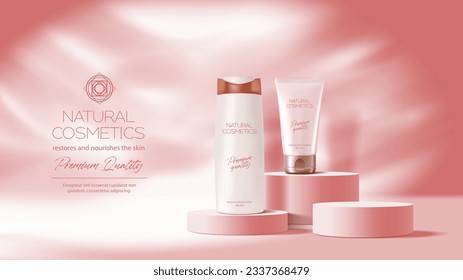 Moqueta de podio de coral rosa o producto cosmético y fondo, plantilla vectorial 3D. Presentación de productos de belleza o plataforma de escenario podio con botellas cosméticas de paquete de maquillaje de crema, pedestal de cuidado de piel premium