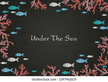 Pink coral reef with blue and white school of fish on blackboard background vector for decoration on summer events.