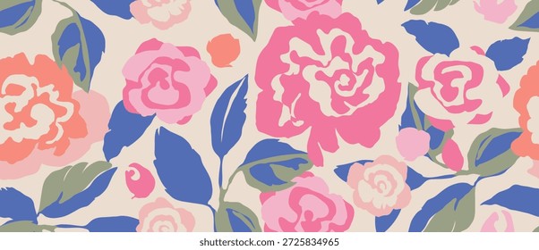 Patrón floral transparente de Vector rosa y coral de rosas con fondo beige, hojas azules, alegre mezcla de primavera y verano. Diseño fresco del fondo del verano de la primavera para el Fondo de pantalla, tela, envoltura, Web.