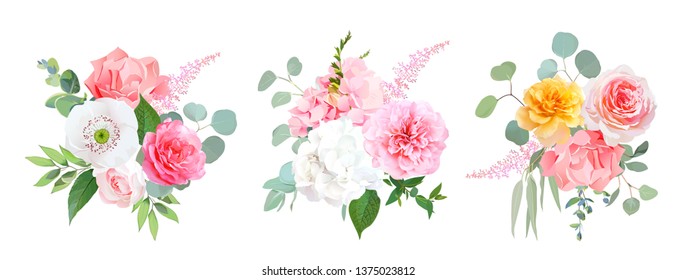 Pink, coral and yellow rose, white hydrangea, carnation, papaver, peony, garden flowers, eucalyptus, astilbe, greenery, leaves vector wedding design bouquets. All elements are isolated and editable