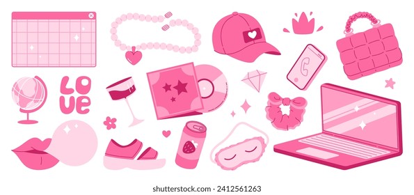 Pink core aesthetic set. Collection of trending elements in nostalgia barbiecore 2000s style.