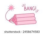 Pink core alight dynamite. Cowboy western and wild west theme concept. Hand drawn vector illustration. Doodle icon. Pink alight sticks of dynamite