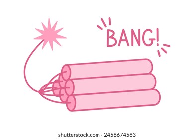 Pink core alight dynamite. Cowboy western and wild west theme concept. Hand drawn vector illustration. Doodle icon. Pink alight sticks of dynamite