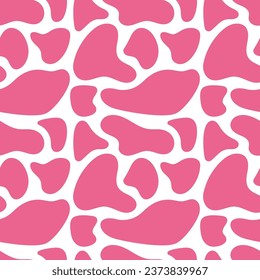 Pink core Cow print, giraffe seamless pattern. Vector hand drawn cartoon illustration. Cow spots in doodle style. Flat design. Safari print is in black and white colors.