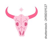 Pink core cow skull. Cowboy western and wild west theme concept. Hand drawn vector illustration. Doodle icon. Pink cow skull.