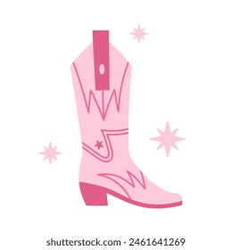 Pink core Cowboy boot. Cowboy western and wild west theme concept. Hand drawn vector illustration. Doodle icon. Pink cowgirl boot